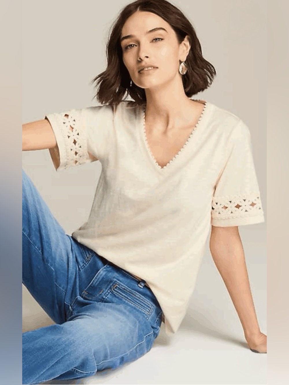 J. Jill Crochet Trim V Neck Top Barley Short Sleeve Cotton Tencel Modal Boho